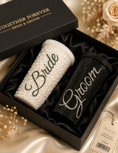 Custom Bride & Groom Rhinestone Tumbler Gift Set – Personalized Wedding Cup Set