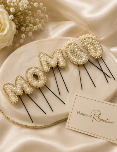 Custom Pearl MOM Hair Pin Set handcrafted with pearls and rhinestones by House of Rhinestone