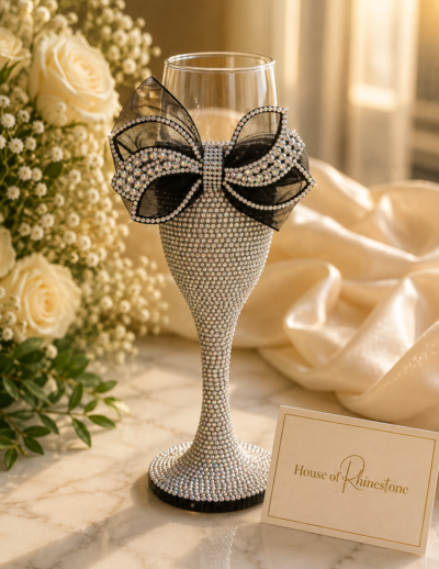 Custom rhinestone champagne flute with crystal bow by House of Rhinestone